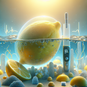ONLYWHATS.COM - Illustrate a conceptual abstract image that represents the relationship between lemon water and reduced blood sugar levels. Here is the scenario: A large, dew-covered lemon is halfway submerged in crystal clear water. Nearby, a blood sugar monitoring device is placed. Inside the water, microscopic sugar crystals are dissolving, disappearing into the unruffled water. This whole scene is enveloped gently in warm, soft light, enhancing the freshness and optimism around the hypothetical health benefits of lemon water.
