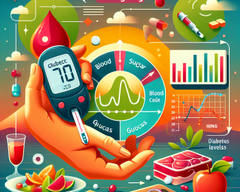 ONLYWHATS.COM - Illustration of an educational guide showing various elements related to fasting blood sugar. The guide includes a large pair of hands holding a glucometer, a blood droplet representing a blood sample, a sugar cube alluding to blood glucose, a chart showing the range of blood sugar levels from low to high, and a plate filled with healthy, diabetes-friendly meals. There's a green arrow indicating blood sugar level fluctuation without any text descriptions or titles. All these elements are placed against a background composed of a gradient of warm sunrise colors.