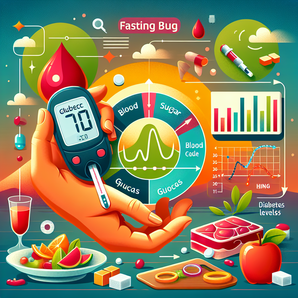 Illustration of an educational guide showing various elements related to fasting blood sugar. The guide includes a large pair of hands holding a glucometer, a blood droplet representing a blood sample, a sugar cube alluding to blood glucose, a chart showing the range of blood sugar levels from low to high, and a plate filled with healthy, diabetes-friendly meals. There's a green arrow indicating blood sugar level fluctuation without any text descriptions or titles. All these elements are placed against a background composed of a gradient of warm sunrise colors.