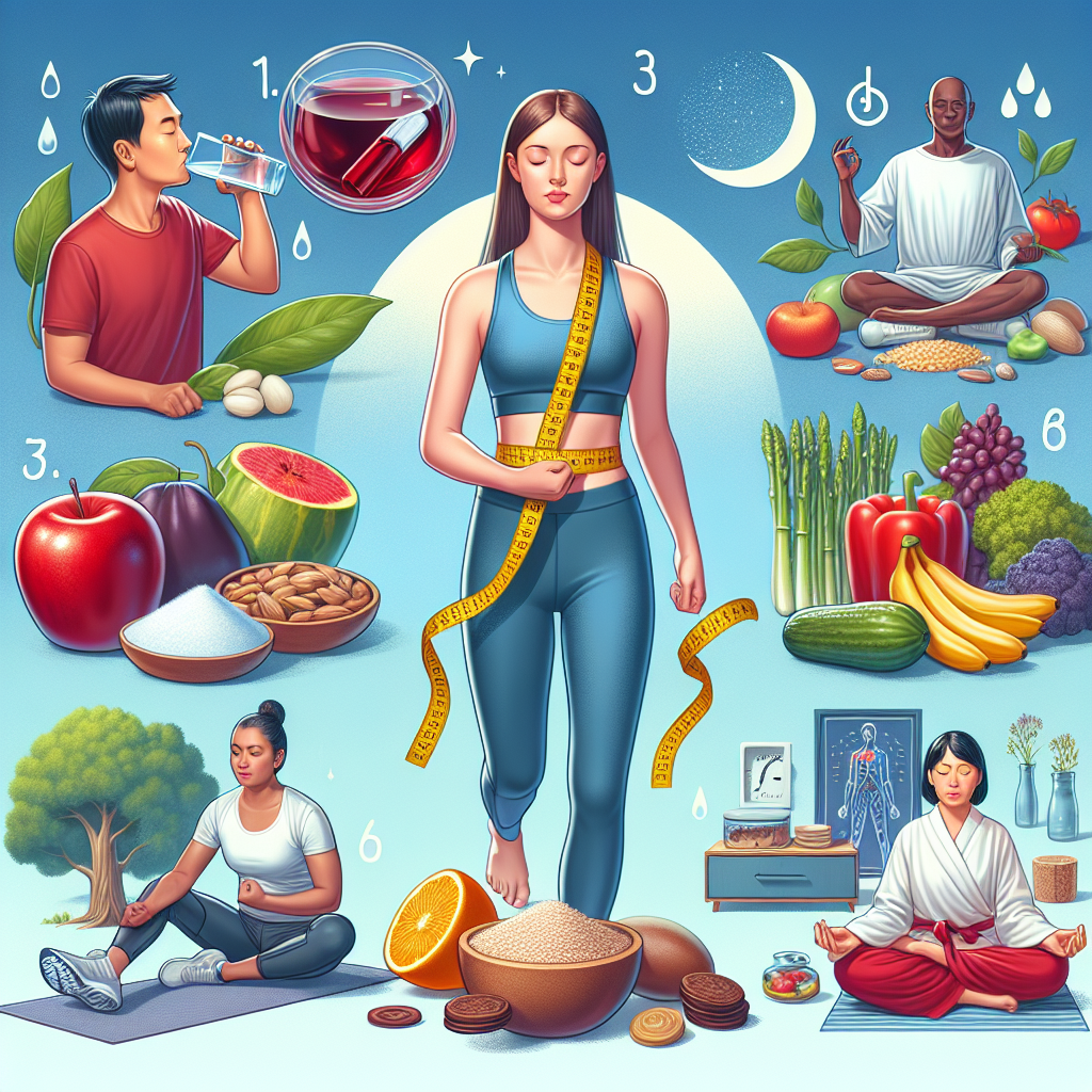An image demonstrating seven different natural methods to quickly lower blood sugar. 1. A person of East Asian descent drinking a glass of water. 2. A collection of fibrous fruits and vegetables. 3. A Caucasian woman engaging in exercise, perhaps jogging in a park. 4. A Black man practicing mindfulness meditation. 5. An array of whole grains and protein-rich food items. 6. An image depicting a good night's sleep, with a moon and stars. 7. A South Asian woman measuring her waistline for portion control. Please note, there should be no text included in the image.