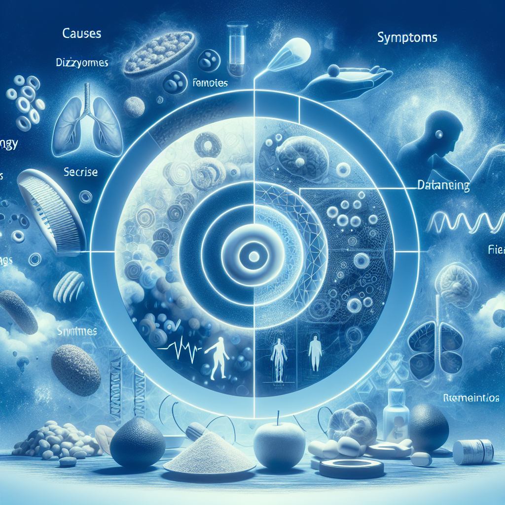 An abstract depiction of an exploration into the concept of low glucose levels. The image is divided into three segments, each representing a different aspect: causes, symptoms, and remedies. The 'causes' segment shows a variety of unhealthy foods and stress-inducing factors. The 'symptoms' segment represents low energy, dizziness, and fainting through visual symbolism. The 'remedies' segment illustrates balanced diet, exercise, and proper medication. The entire scene is bathed in a serene blue and white color palette, suggesting a medical and calming atmosphere.