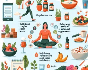 ONLYWHATS.COM - Illustration of nine elements or actions representing natural methods to reduce blood sugar levels. Some ideas could be regular exercise depicted with a person jogging, a healthy diet demonstrated with a balanced plate of food, staying hydrated with a glass of water, getting plenty of sleep illustrated by a peaceful sleeping scene, controlling stress levels through meditation, using certain natural supplements, consuming foods rich in dietary fiber, maintaining a healthy weight represented by a person exercising, and minimizing refined carb and sugar intake represented by choosing fruits over sweets.