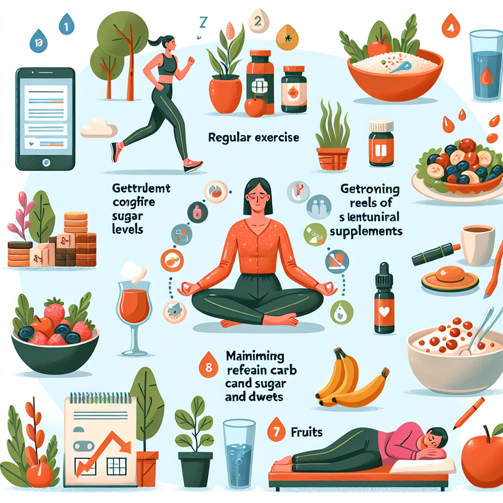 Illustration of nine elements or actions representing natural methods to reduce blood sugar levels. Some ideas could be regular exercise depicted with a person jogging, a healthy diet demonstrated with a balanced plate of food, staying hydrated with a glass of water, getting plenty of sleep illustrated by a peaceful sleeping scene, controlling stress levels through meditation, using certain natural supplements, consuming foods rich in dietary fiber, maintaining a healthy weight represented by a person exercising, and minimizing refined carb and sugar intake represented by choosing fruits over sweets.