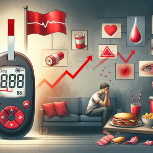 ONLYWHATS.COM - Visual representation of the early signs of sugar diabetes, demonstrated in an informative yet subtle way to represent the underlying 'red flags'. Scenario includes a simple blood sugar meter showing elevated levels on its digital screen as a primary symbol. In the background, blurry vision is depicted to show one of the symptoms. Additionally, a person feeling tired and lethargic is depicted in muted tones and couching near a table laden with sugary snacks and fast food. The overall color scheme will be largely dominated by shades of red to connect with the 'red flag' metaphor.